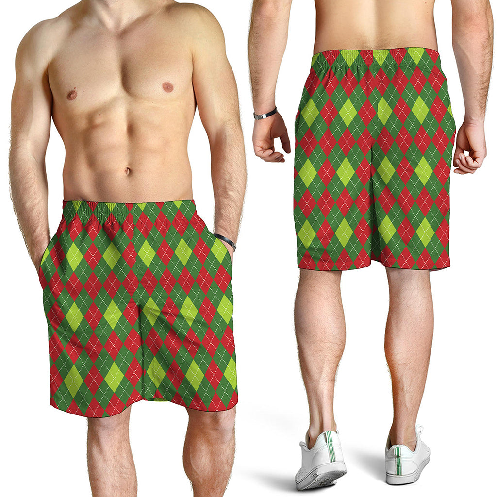 Green And Red Christmas Argyle Print Men's Shorts