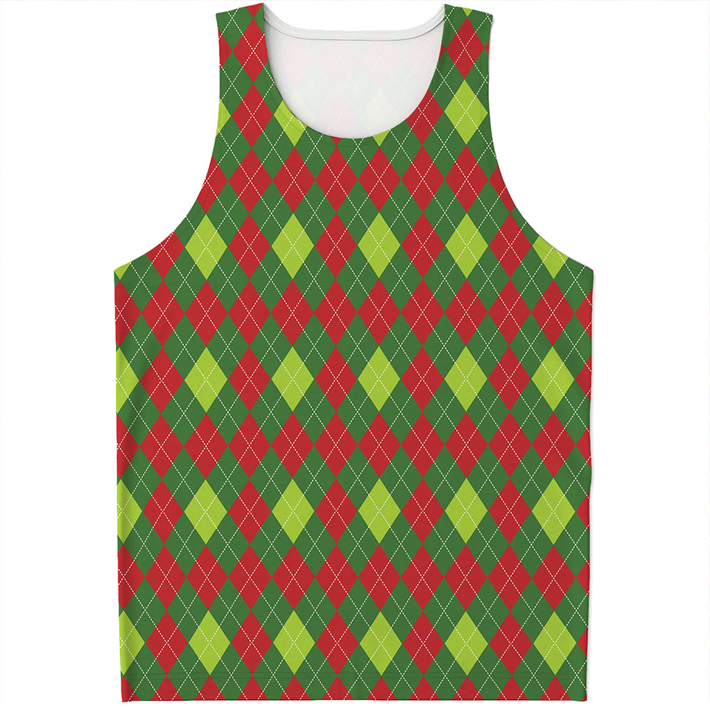 Green And Red Christmas Argyle Print Men's Tank Top