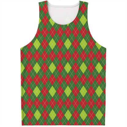 Green And Red Christmas Argyle Print Men's Tank Top
