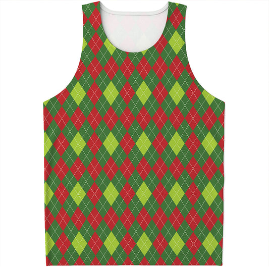 Green And Red Christmas Argyle Print Men's Tank Top
