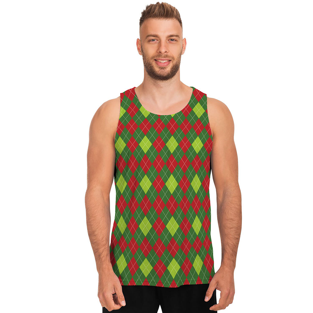 Green And Red Christmas Argyle Print Men's Tank Top