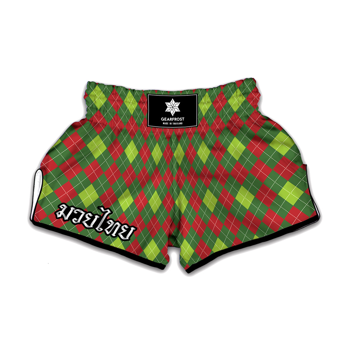 Green And Red Christmas Argyle Print Muay Thai Boxing Shorts