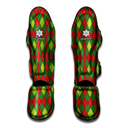 Green And Red Christmas Argyle Print Muay Thai Shin Guard