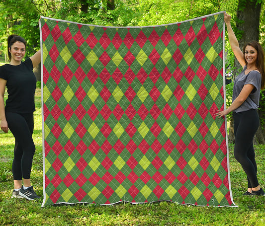 Green And Red Christmas Argyle Print Quilt