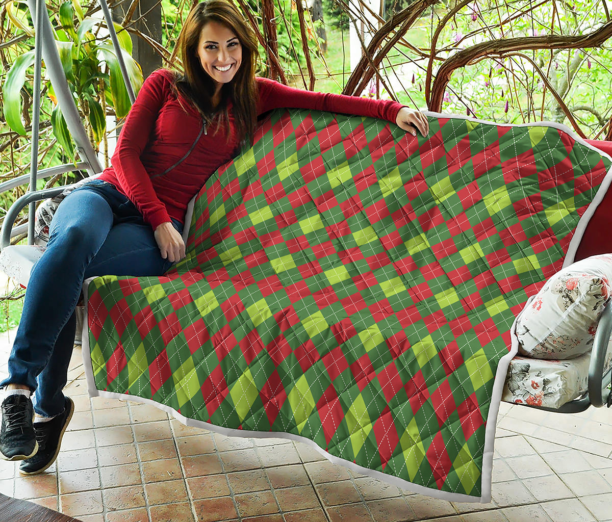 Green And Red Christmas Argyle Print Quilt