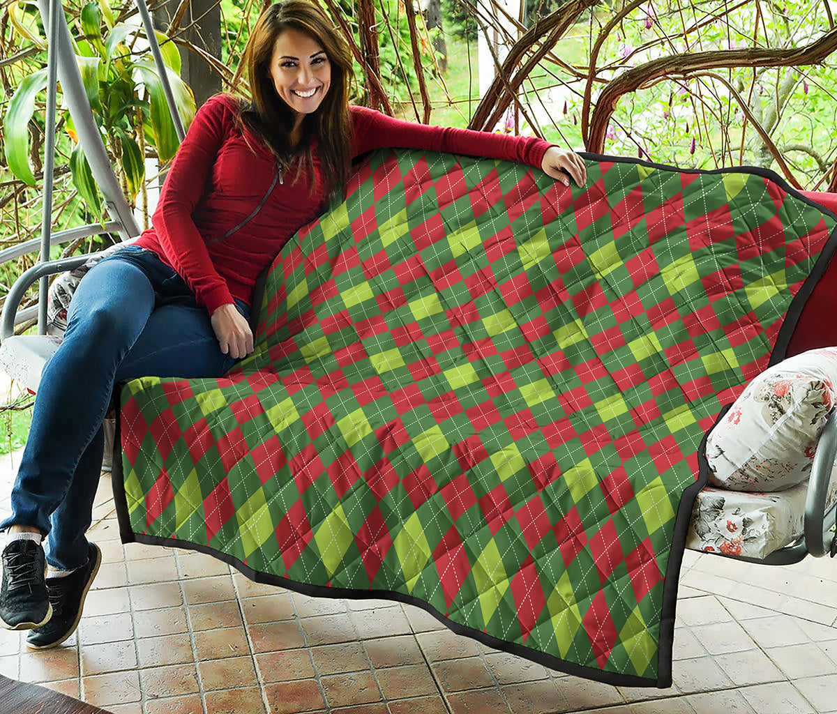 Green And Red Christmas Argyle Print Quilt