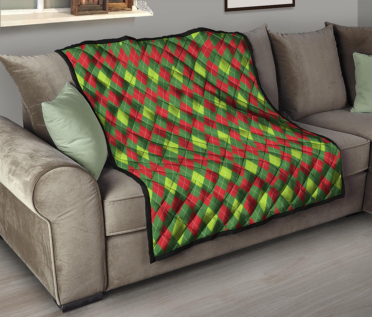 Green And Red Christmas Argyle Print Quilt