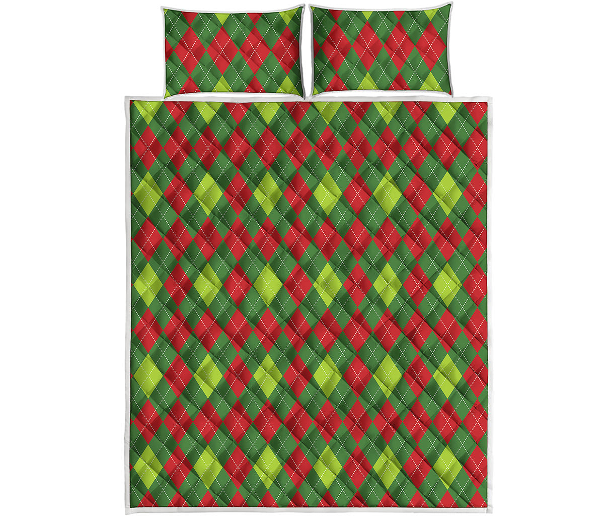 Green And Red Christmas Argyle Print Quilt Bed Set