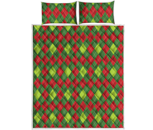 Green And Red Christmas Argyle Print Quilt Bed Set