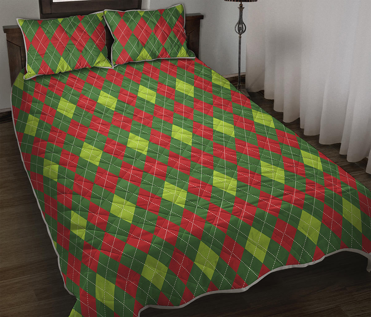Green And Red Christmas Argyle Print Quilt Bed Set