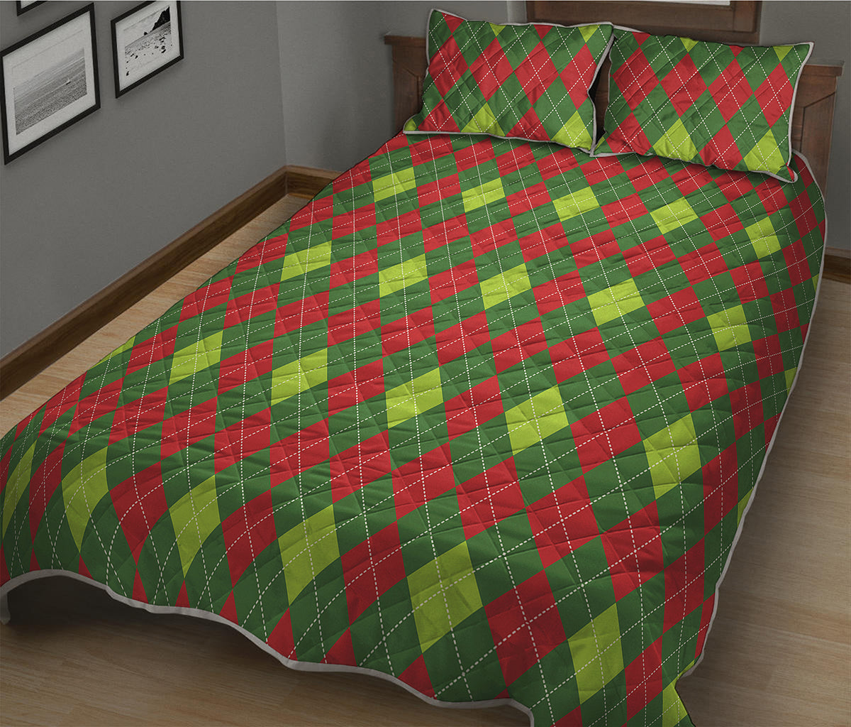 Green And Red Christmas Argyle Print Quilt Bed Set