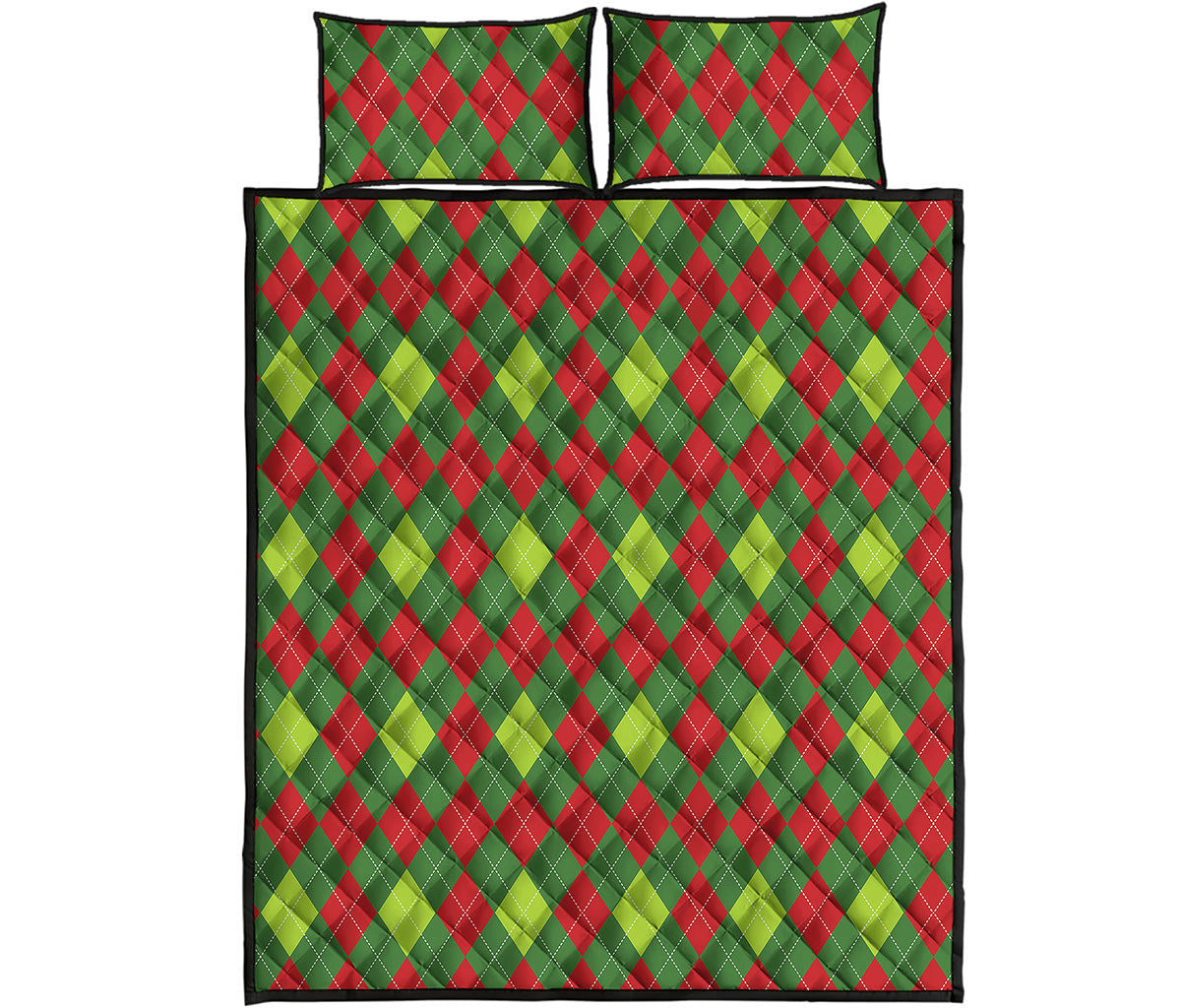 Green And Red Christmas Argyle Print Quilt Bed Set