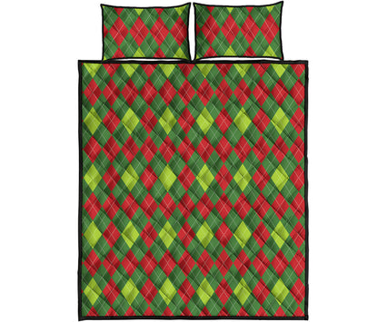 Green And Red Christmas Argyle Print Quilt Bed Set