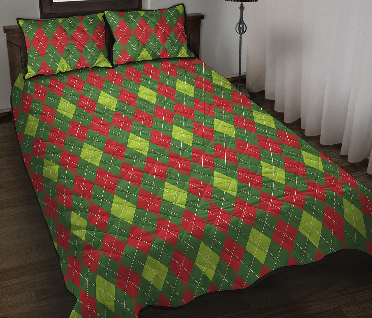 Green And Red Christmas Argyle Print Quilt Bed Set