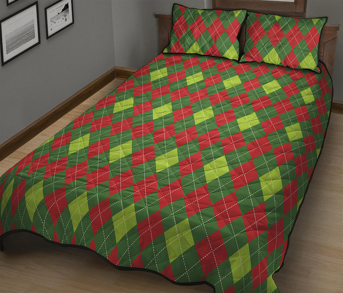 Green And Red Christmas Argyle Print Quilt Bed Set