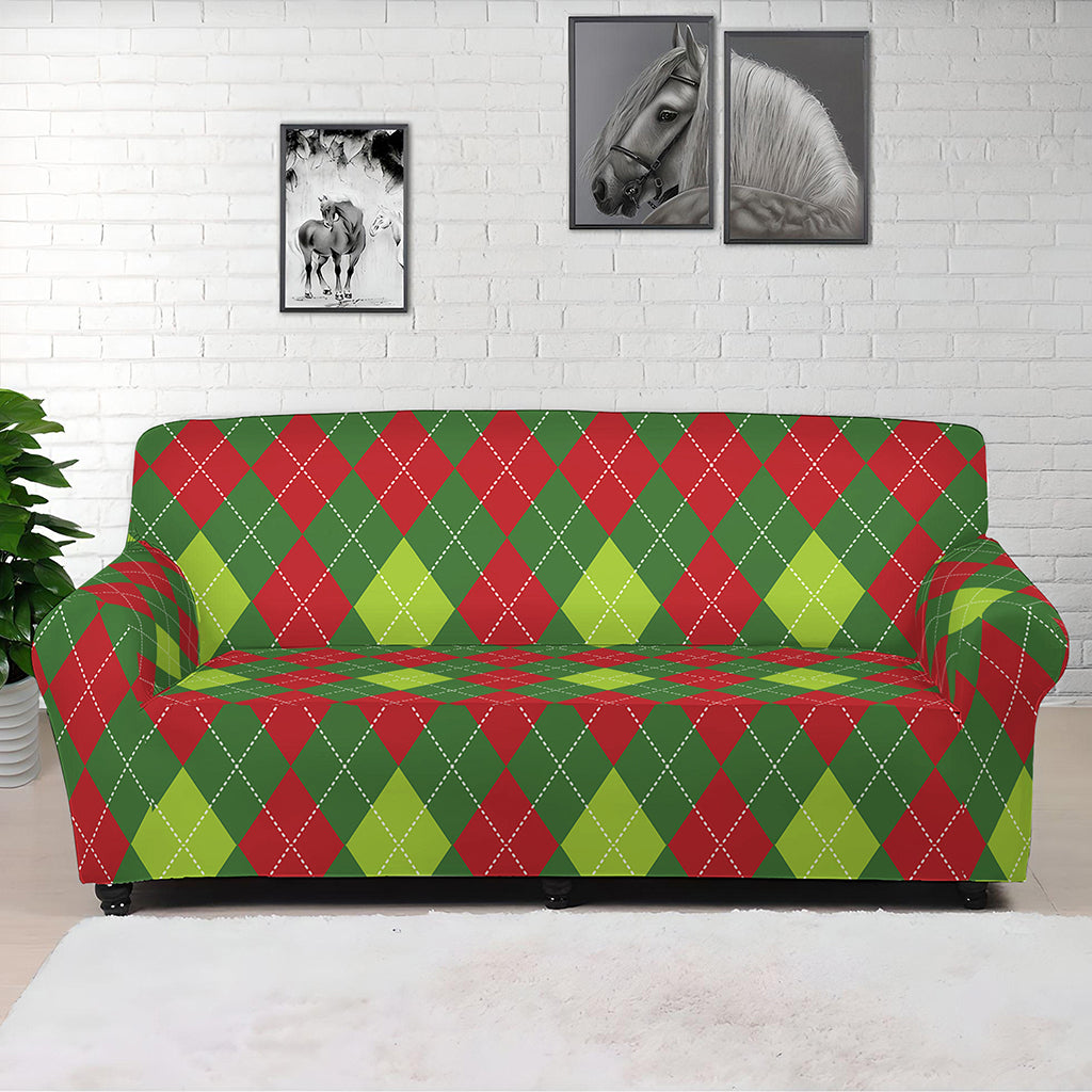 Green And Red Christmas Argyle Print Sofa Cover