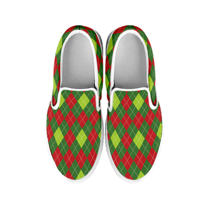 Green And Red Christmas Argyle Print White Slip On Shoes