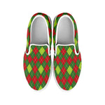 Green And Red Christmas Argyle Print White Slip On Shoes