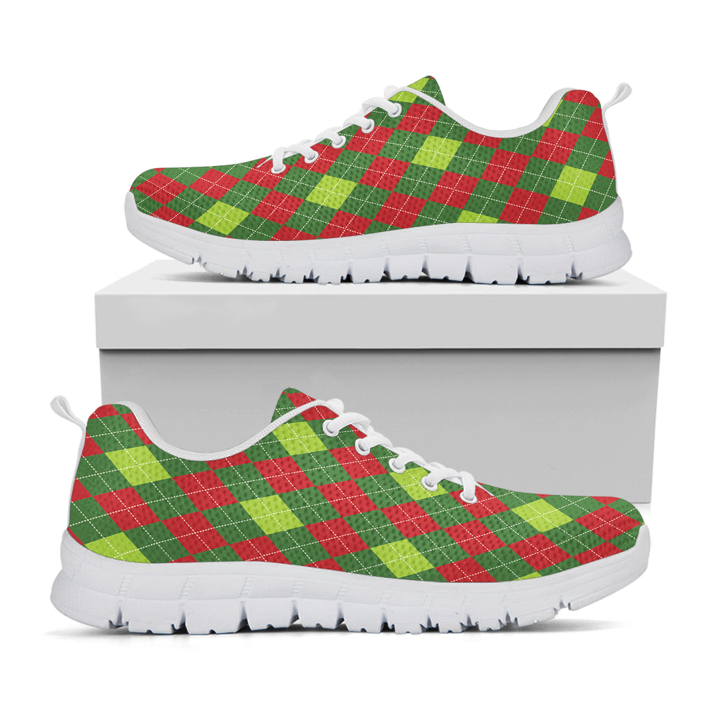 Green And Red Christmas Argyle Print White Sneakers