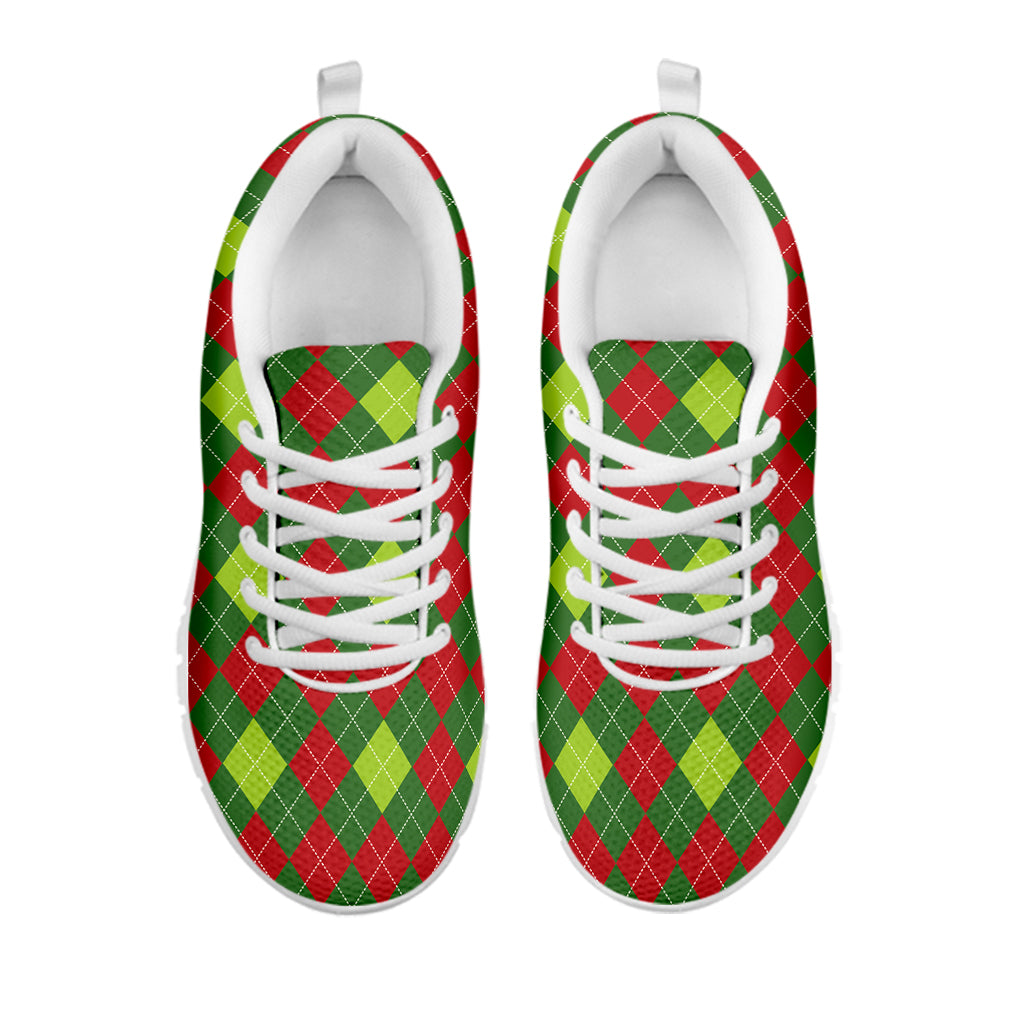 Green And Red Christmas Argyle Print White Sneakers