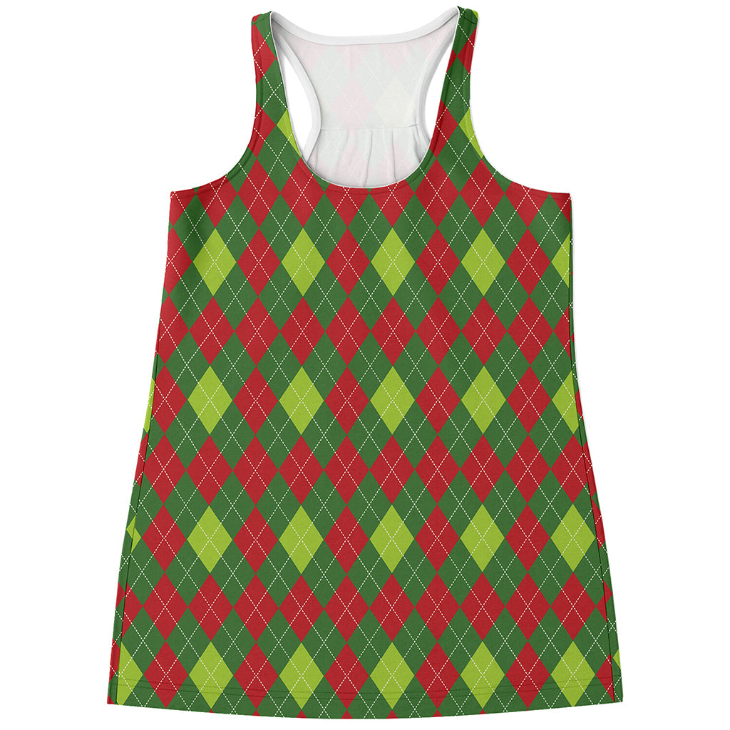 Green And Red Christmas Argyle Print Women's Racerback Tank Top