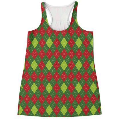 Green And Red Christmas Argyle Print Women's Racerback Tank Top