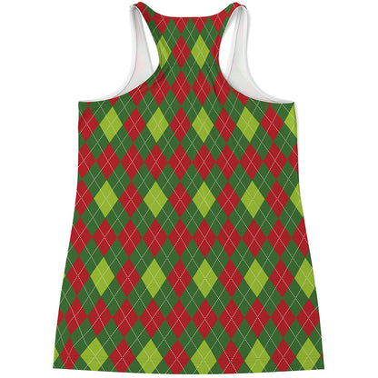Green And Red Christmas Argyle Print Women's Racerback Tank Top