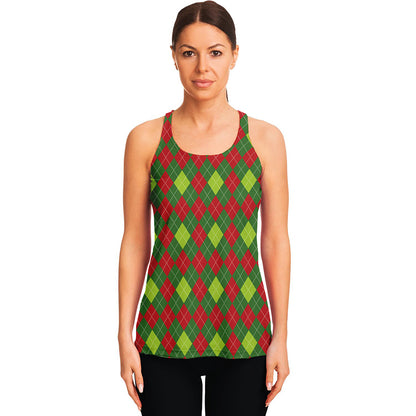 Green And Red Christmas Argyle Print Women's Racerback Tank Top