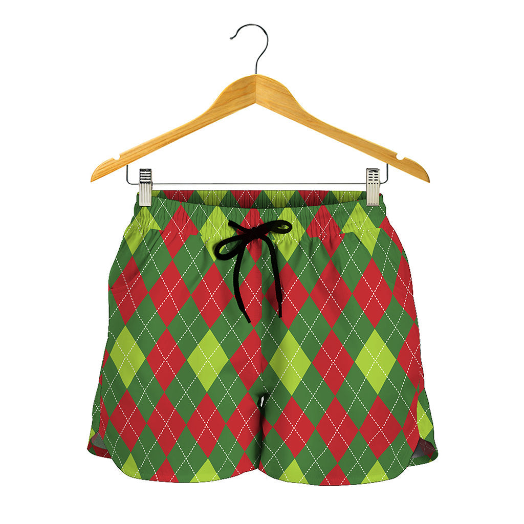 Green And Red Christmas Argyle Print Women's Shorts
