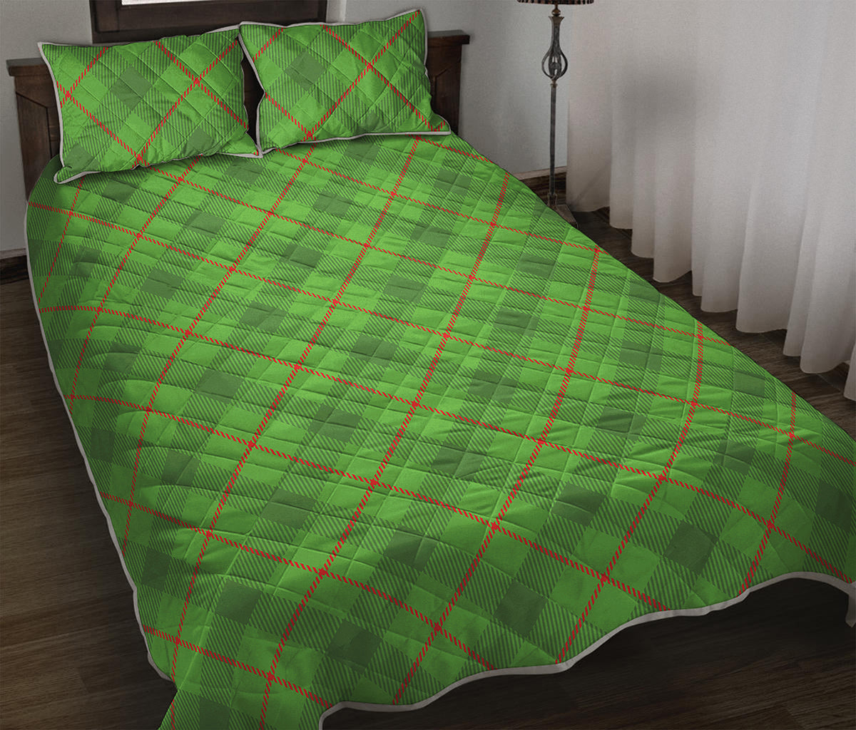 Green And Red Plaid Pattern Print Quilt Bed Set