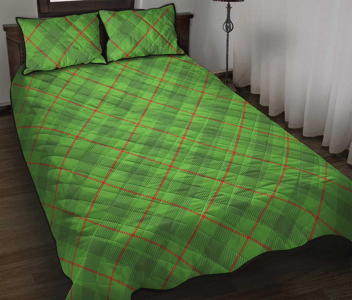 Green And Red Plaid Pattern Print Quilt Bed Set