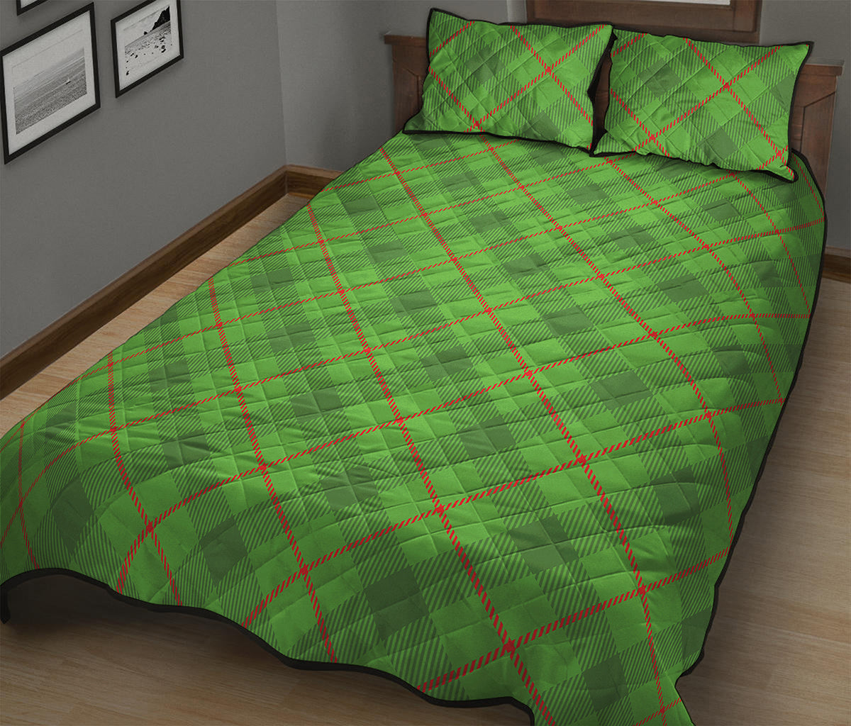 Green And Red Plaid Pattern Print Quilt Bed Set