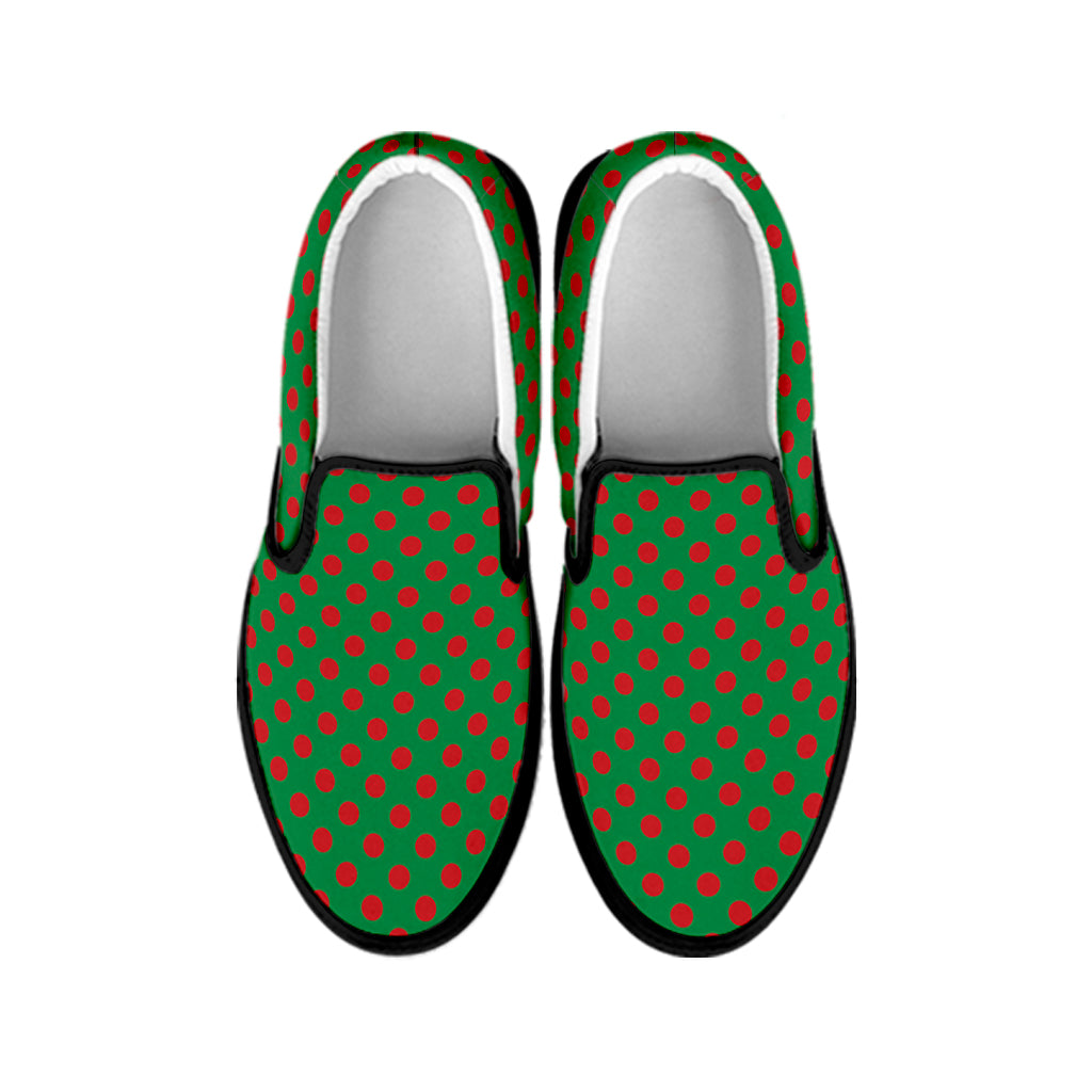 Green And Red Polka Dot Pattern Print Black Slip On Shoes