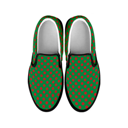 Green And Red Polka Dot Pattern Print Black Slip On Shoes