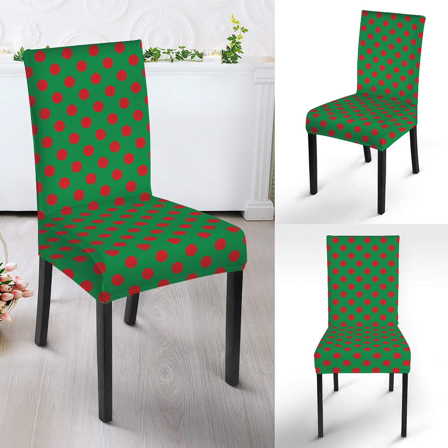 Green And Red Polka Dot Pattern Print Dining Chair Slipcover