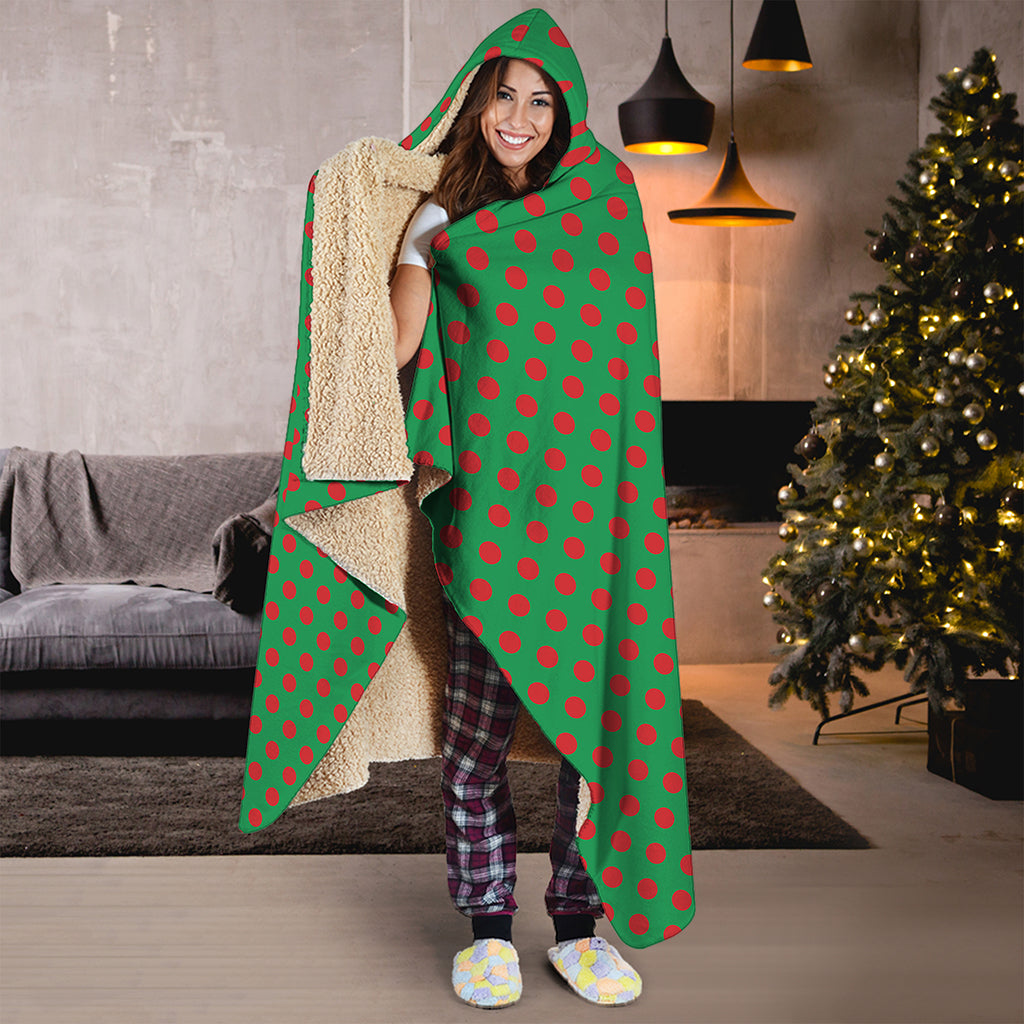Green And Red Polka Dot Pattern Print Hooded Blanket