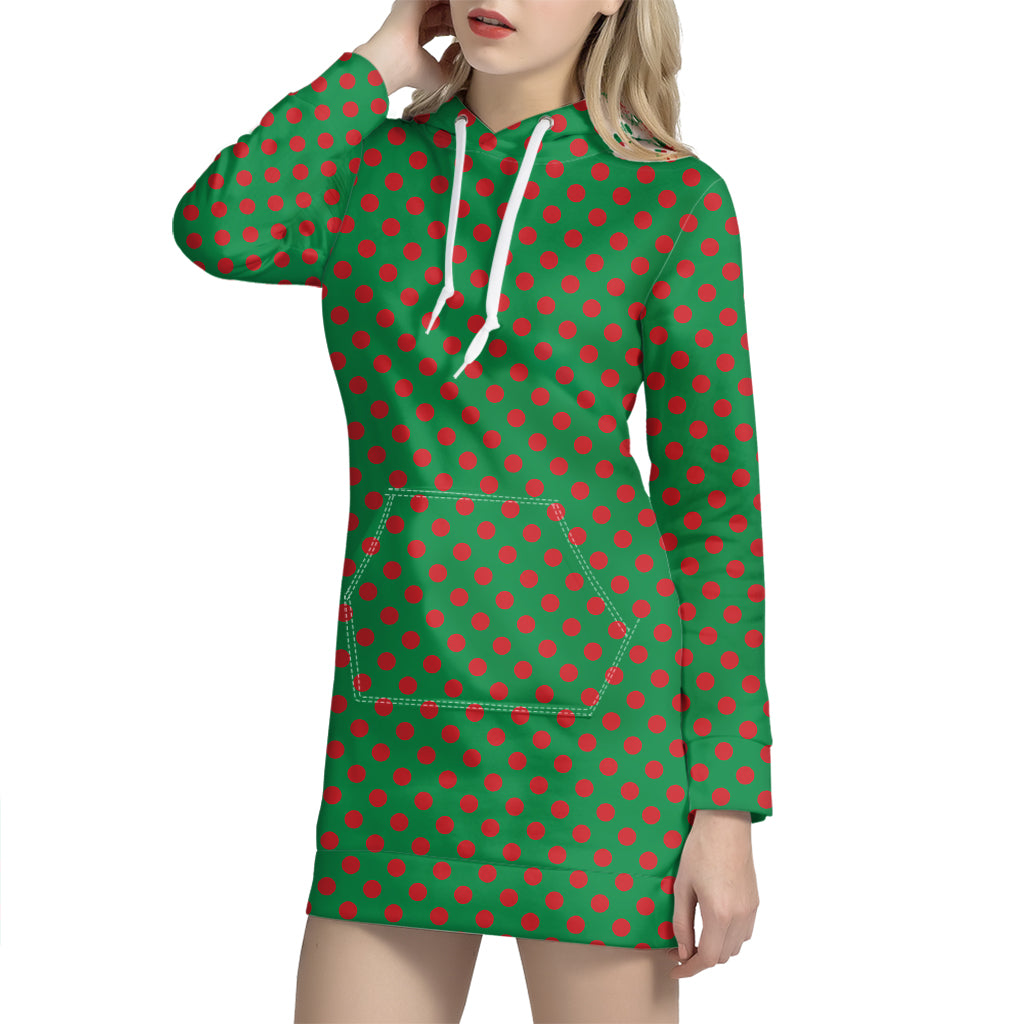 Green And Red Polka Dot Pattern Print Hoodie Dress