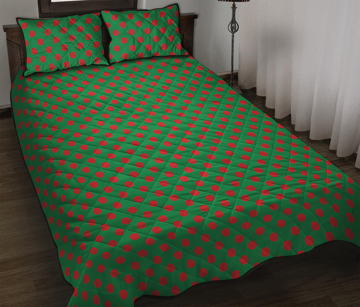 Green And Red Polka Dot Pattern Print Quilt Bed Set
