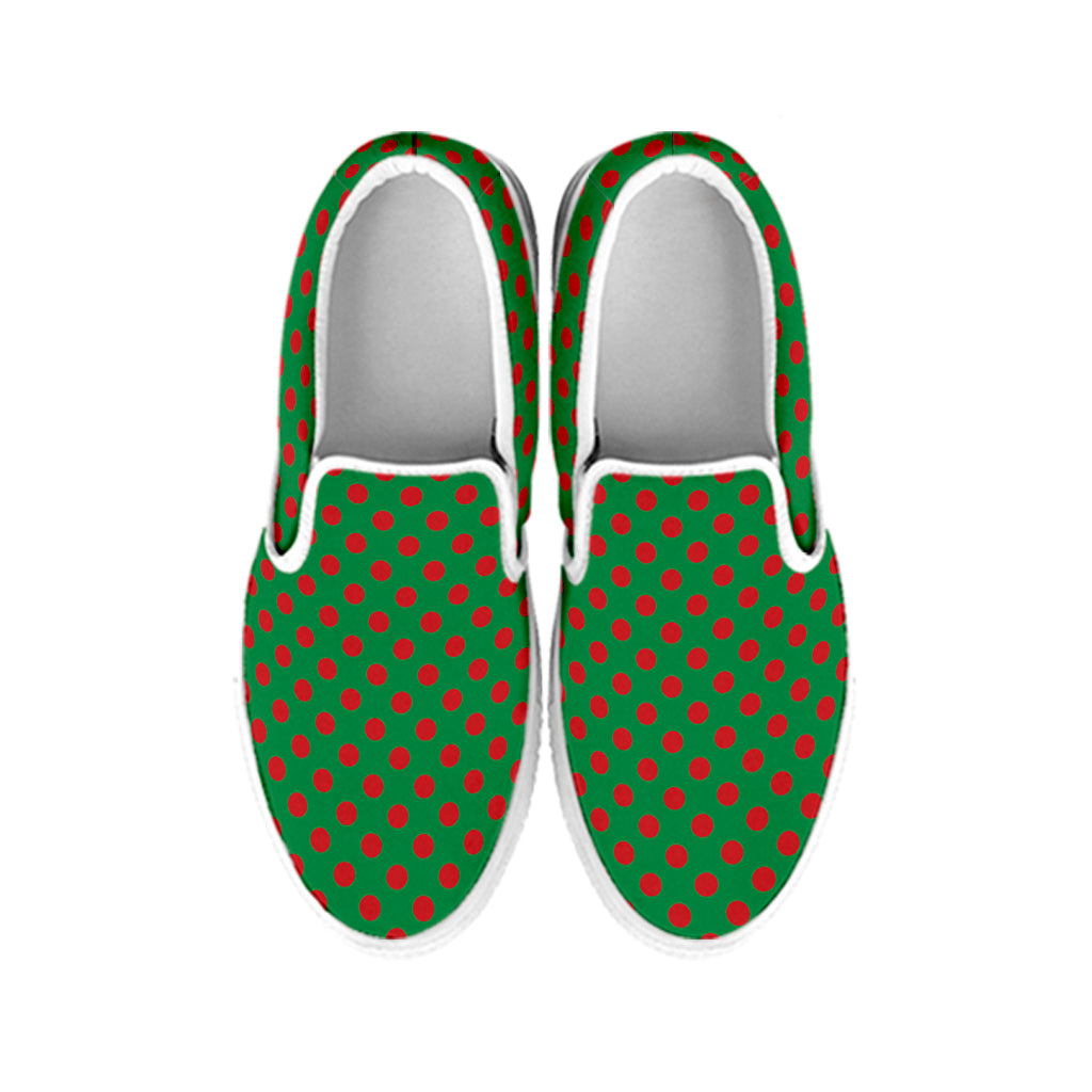 Green And Red Polka Dot Pattern Print White Slip On Shoes
