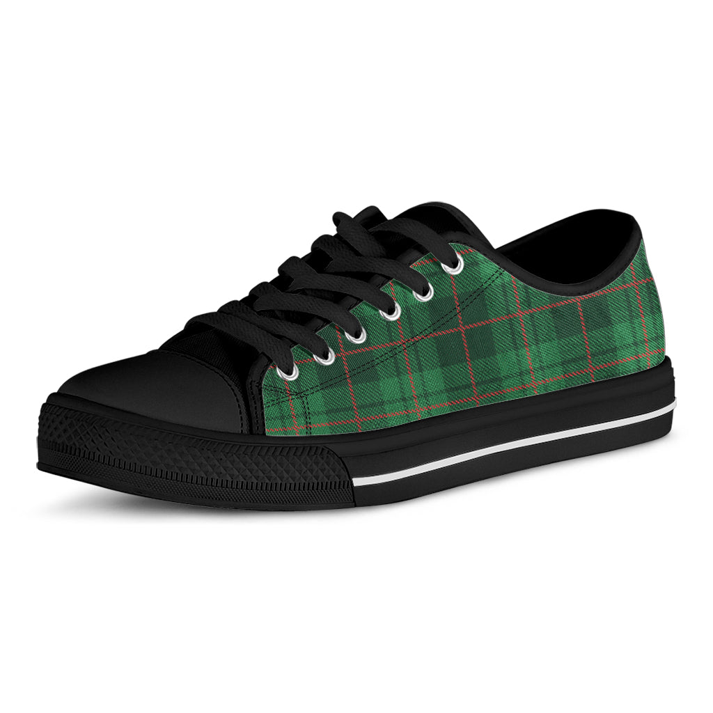 Green And Red Stewart Tartan Print Black Low Top Shoes