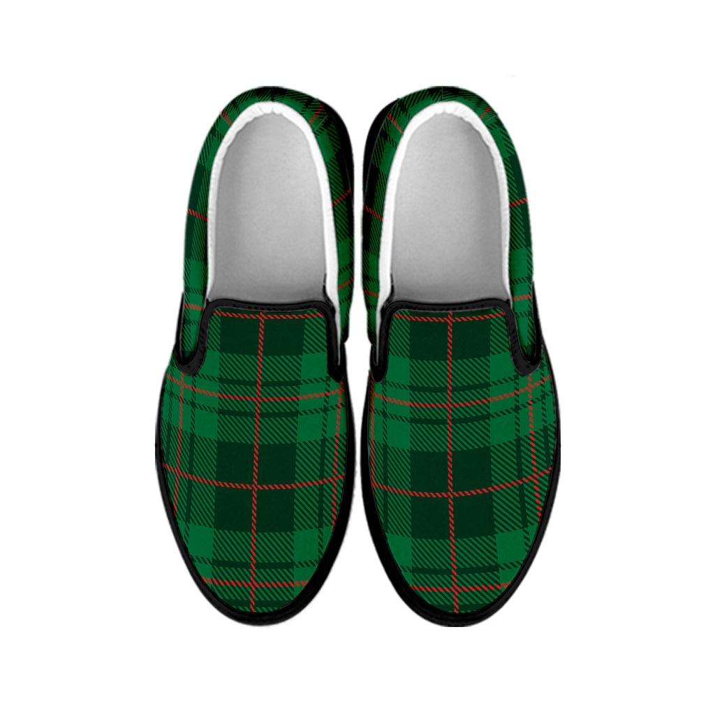 Green And Red Stewart Tartan Print Black Slip On Shoes