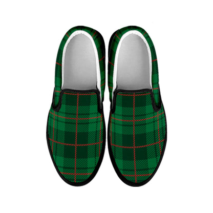 Green And Red Stewart Tartan Print Black Slip On Shoes