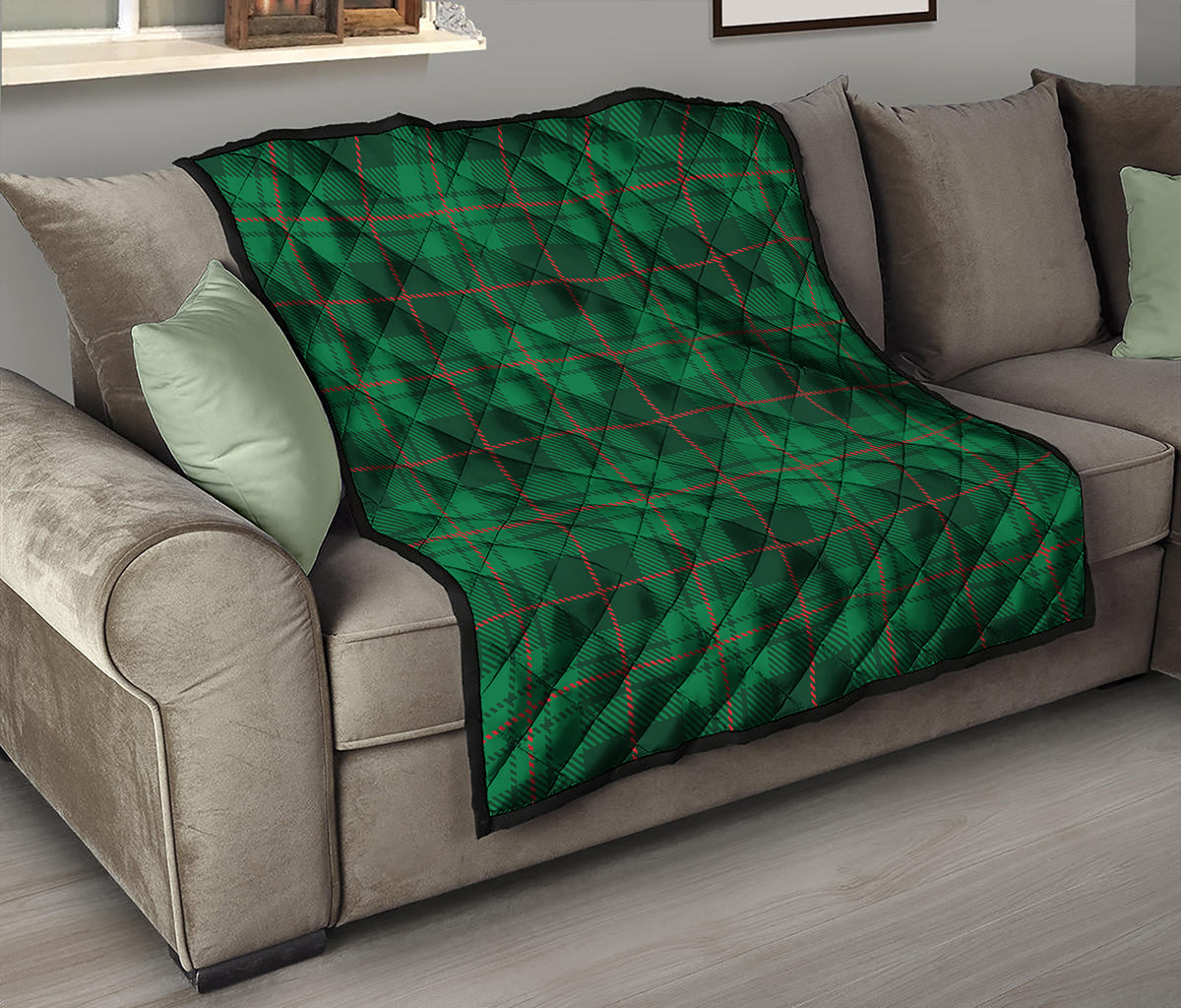 Green And Red Stewart Tartan Print Quilt