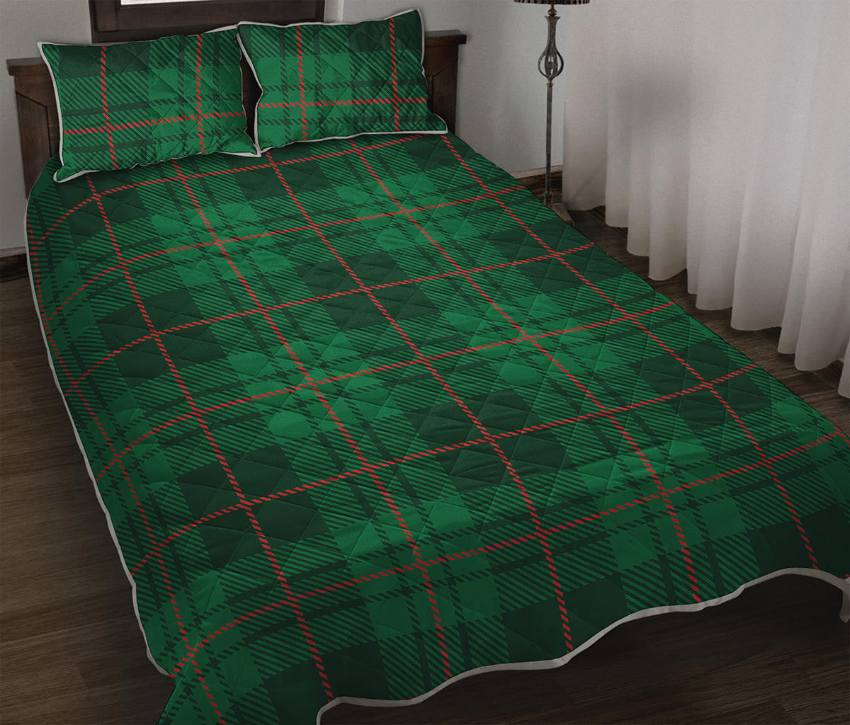 Green And Red Stewart Tartan Print Quilt Bed Set