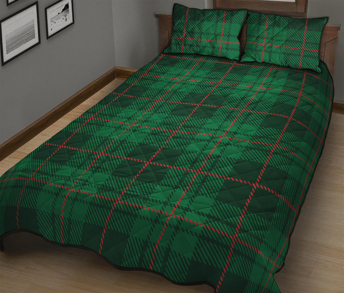 Green And Red Stewart Tartan Print Quilt Bed Set