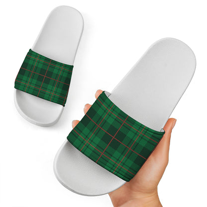 Green And Red Stewart Tartan Print White Slide Sandals