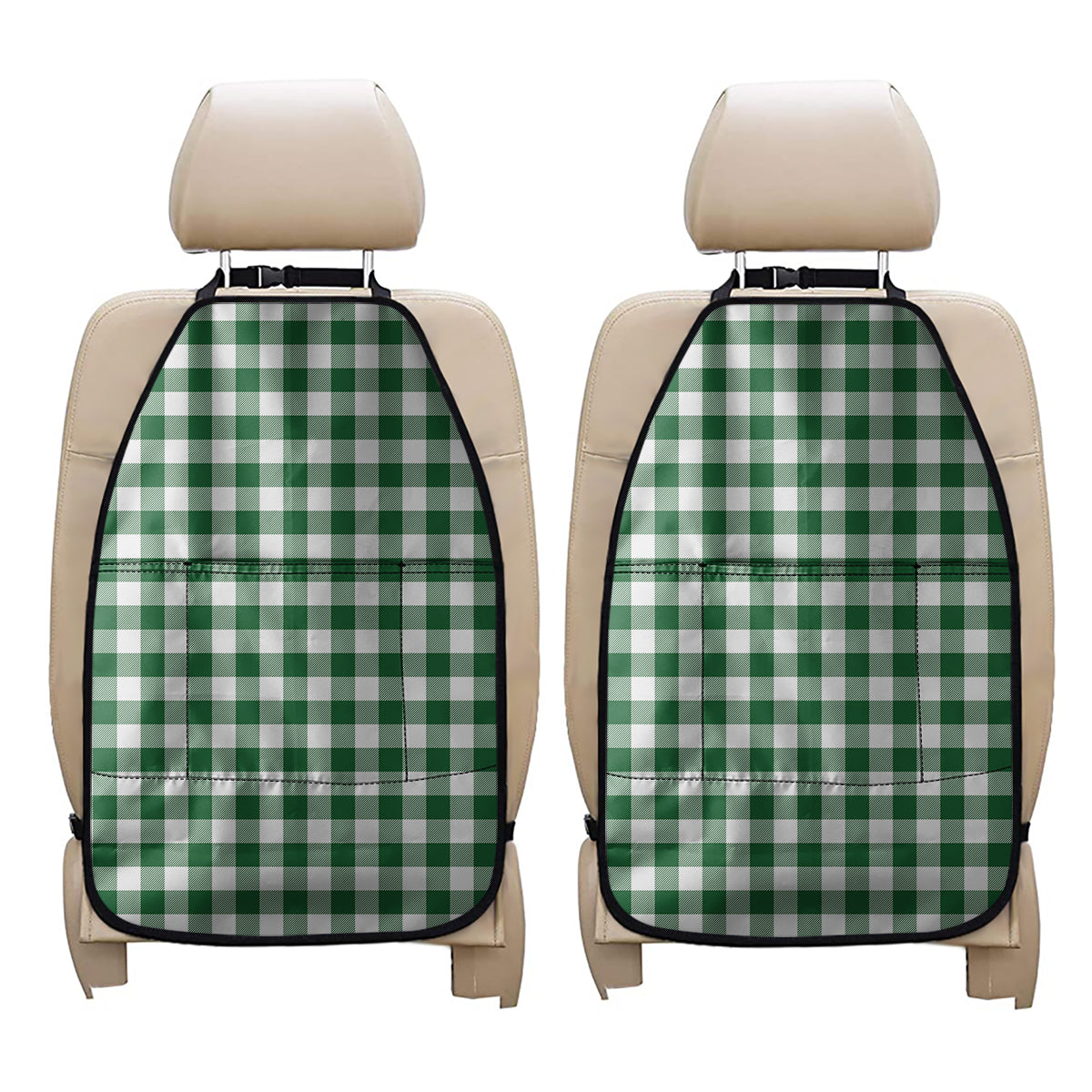 Green And White Buffalo Check Print Car Seat Organizers