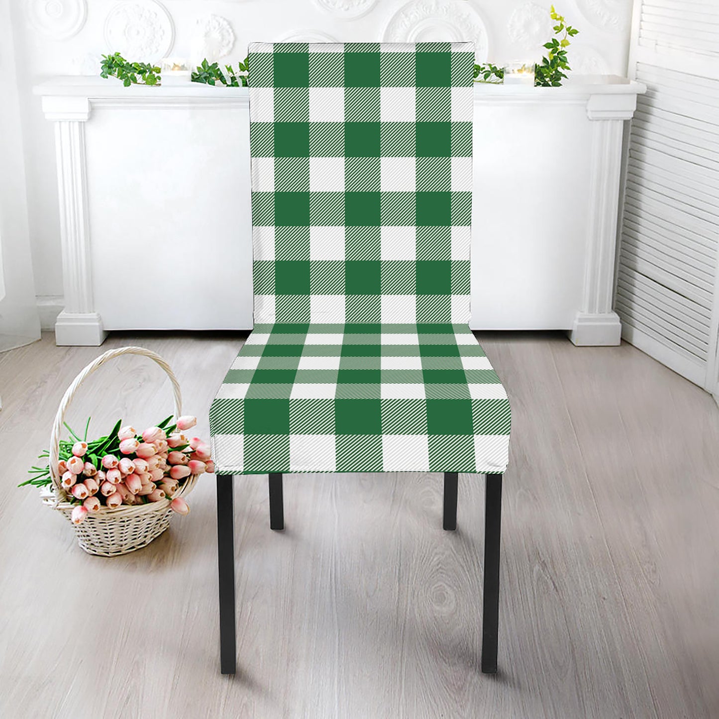 Green And White Buffalo Check Print Dining Chair Slipcover