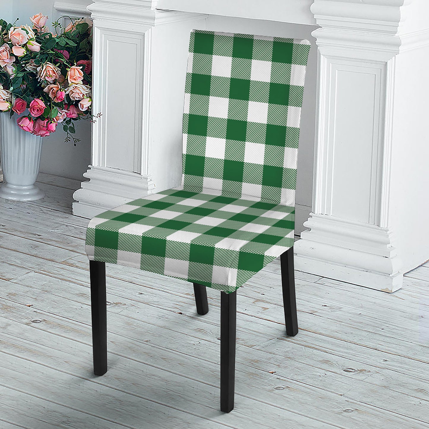 Green And White Buffalo Check Print Dining Chair Slipcover
