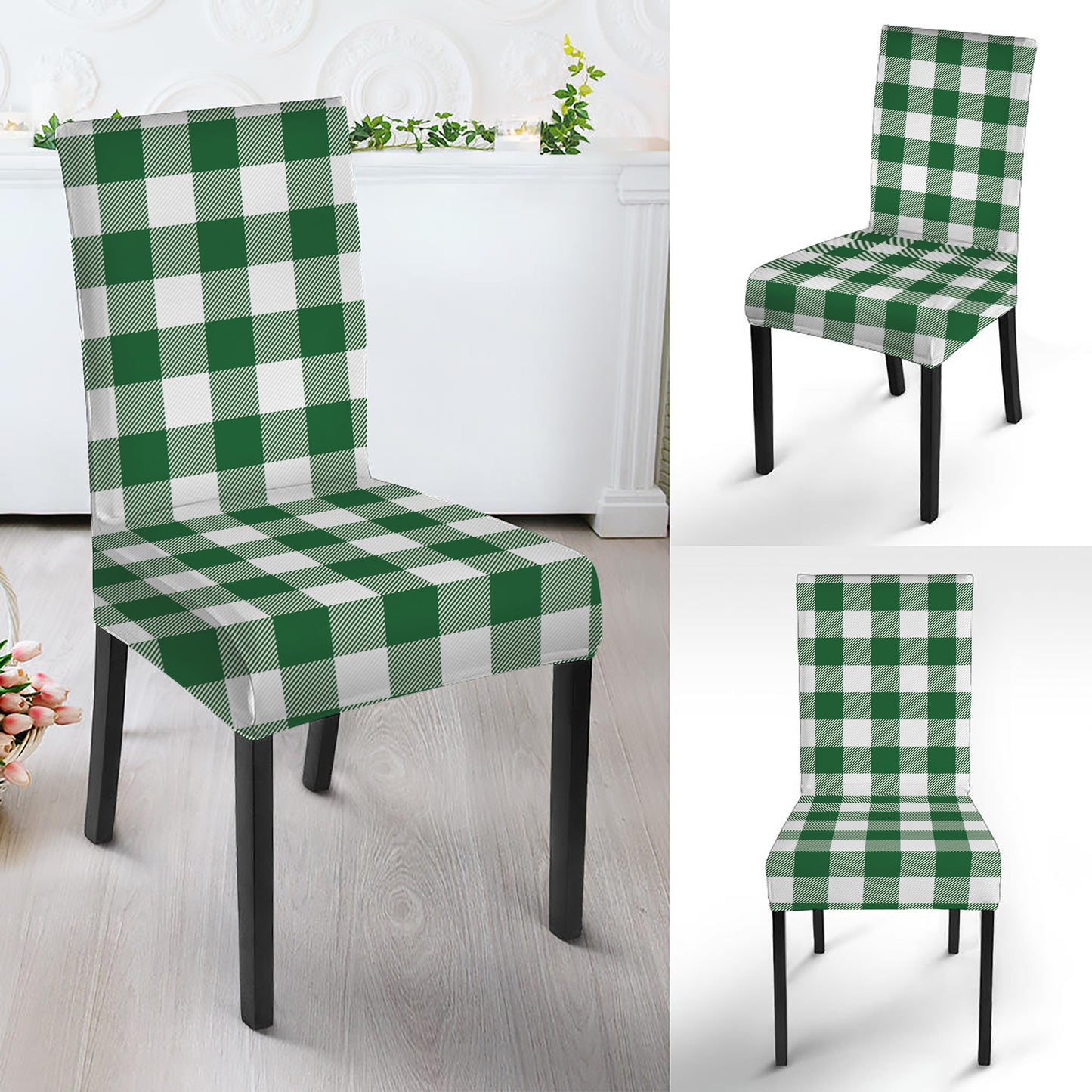 Green And White Buffalo Check Print Dining Chair Slipcover
